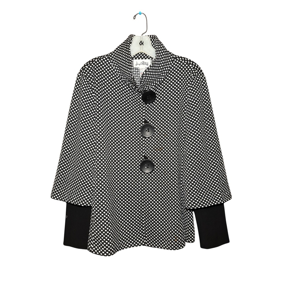 Joseph Ribkoff Black White Polka Dot Funnel Neck Swing Jacket Womens 8